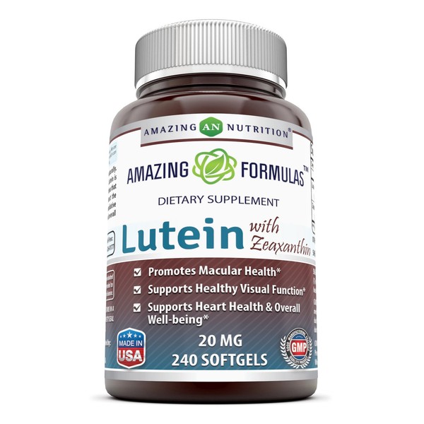 Amazing Nutrition Amazing Formulas Lutein 20 mg with Zeaxanthin 800 mcg- 240 Softgels- Supports Eye Health & Healthy Vision