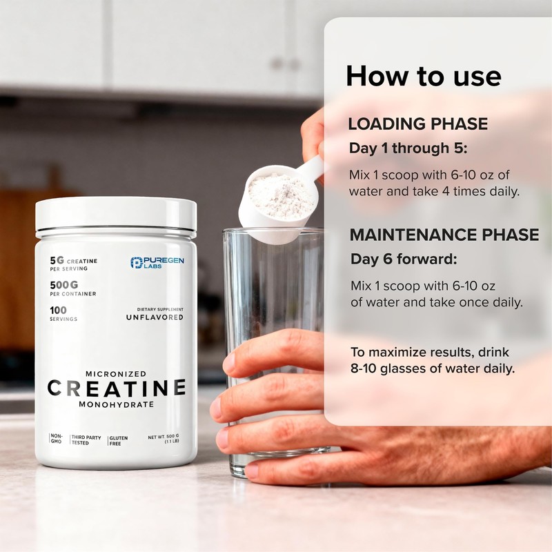 Puregen Labs Micronized Creatine Monohydrate Powder 500g – Pure, Unflavored,