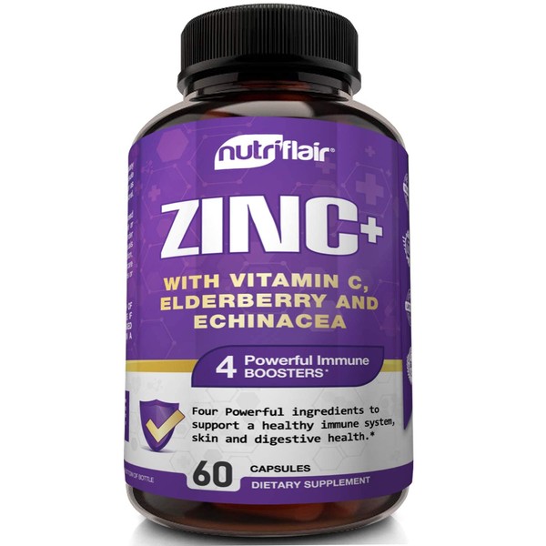 NutriFlair Zinc 50mg - with Vitamin C, Elderberry, Echinacea Purpurea Extract, Zinc Oxide - Compare with picolinate, Citrate, Oxide - Complete Immune Support Formula Pills with 4 Immune Defense