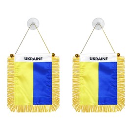 2 Pack Ukraine Window Hanging Flag, 4x6 Inch Small Mini Car Flags Banner with Golden Fringy Tassel and Suction Cup, Ukraine Hanging Flag for Wall, Room and Rearview Mirror Decor