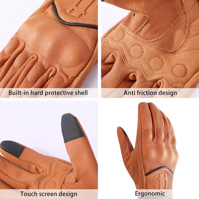 Harssidanzar Motorcycle Gloves Men with Genuine Goatskin Leather GM028,Tan, Size