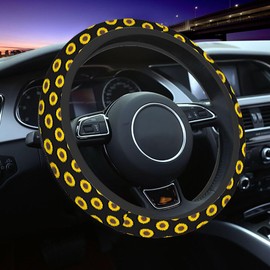 NOMEDOGYIm Sunflower Car Steering Wheel Cover Blooming Yellow Flowers on Black Background Steering Wheel Cover Car Decor Suitable for Most Vehicles Including Trucks and SUV