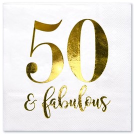 WRAPAHOLIC 50Pcs Gold 50 Fabulous Birthday Napkins - 3-Ply Disposable Paper Cocktail Napkin for Birthday Tableware Party Supplies - 5 x 5 In