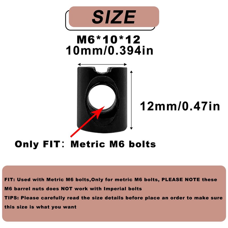 10 PCS Metric M6x10mmx12mm Barrel Nuts,for M6-1 Bolts Cross Dowels