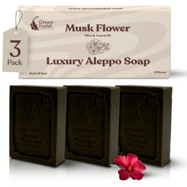 GREEN FADEL Aleppo Luxury Soap with Musk Blossom Aroma, Pack of 3, Original Aleppo Soap Olive Oil & Laurel Oil, Olive Oil Soap, Natural Soap for Face & Body