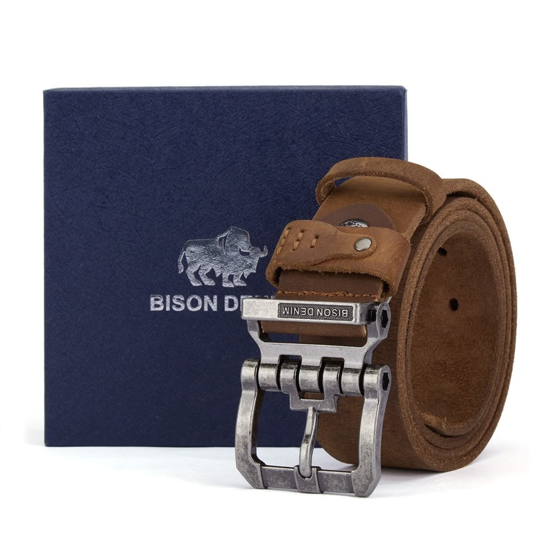 BISON DENIM Men's Belt - Leather Waistband with Anti-Scratch Pin