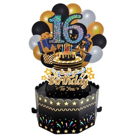 Vsosfiza 16.Pop Up Geburtstagskarte,Schwarze Gold Grußkarte 16er Geburtstag 3D Popup Karten Glückwunschkarte mit Umschlag Frauen Männer Geschenkideen