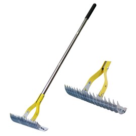 Thatch Rake for Lawn, 15 Inch Lawn Dethatcher with Dual-Edge Steel Head, Efficient Grass and Debris Removal Tool with Adjustable Metal Handle and Non-Slip Sponge Grip