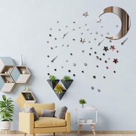 Leislite Star Stickers 3D Acrylic Mirror 65 Pcs DIY Wall Stickers Shooting Star Moon Removable Decals Art Self-Adhesive Home Living Room Bedroom Classroom Playroom Decor Silver