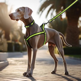 Mile High Life Night Reflective Double Adjustable Band Nylon Small Puppy Pet Dog Combo Collar Leash and Harness Set (Lime Green2, Large )