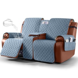 Ruaozz Waterproof Loveseat Recliner Cover with Console Non-Slip Reclining Couch Covers Split Sofa Slipcovers with Elastic Straps Furniture Protector for Kids, Dogs, Pets (Pastel Blue, 2 Seater)