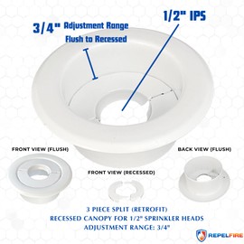 Retrofit Recessed Fire Sprinkler Escutcheon 1/2 in. IPS - Split 3 Piece in White - Depth Adjustment Range up to 3/4 in. for Fire Sprinkler Trim