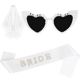 Bride Sash & Heart Sunglasses & Wedding Veil Set for Bride to Be Gifts, Bachelorette Sunglasses and Pearl Sash and Bridal Veil for Wedding Bachelorette Party Favors Bridal Shower Decorations