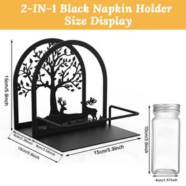 SITAKEGS Metal Napkin Holder, Napkin Dispenser with 3pcs Salt Pepper Shakers Tree & Deer Design Serviette Holder Basket, Black Paper Tissue Organizer Caddy for Kitchen Dining Room Restaurant Cafes