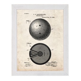 Bowling Ball Patent Art Old Look Print in a Distressed White Wood Frame (11" x 14") M12395