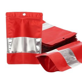 PATIKIL 3.54x5.12 in Stand Up Pouch Bags, 60 Pack Resealable Matte Metallic Aluminum Foil Bags Pouches with Clear Window and Zip for Food Storage Snack Packaging, Red