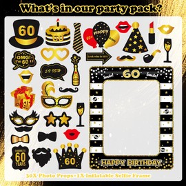 Gold & Black 31pc 60th Birthday Photo Booth Props - Inflatable Selfie Frames, Party Pack for Women & Men