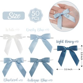 AIMUDI 5 Colors Dusty Blue Ribbon Bows 2.5" Satin Twist Tie Bows for Gift Wrapping Premade Satin Bows for Making Crafts Treat Bag Baby Shower Birthday Party Wedding Decoration, 50 PCs