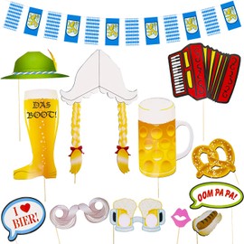 Oktoberfest Party Photo Booth Kit - Pre-Assembled Props and Bavarian Flag Background Banner Selfie Station Supplies