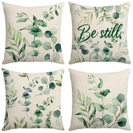 JUMUU Sage Green Pillow Covers 18x18 Inch Set of 4, Eucalyptus Branches Floral Watercolor Decorative Green Leaf Print Throw Pillow for Home Sofa Cotton Seafoam (Green Leaf)
