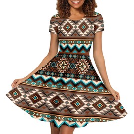 HUGS IDEA Womens Short Sleeve Dresses Southwest Aztec Navajo Native American Print Elastic Stretchy Pullover Graphic Midi A-Line Sundress Outdoor Skirt