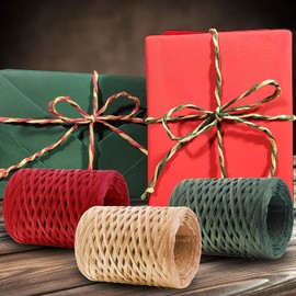 XND 3 Rolls Raffia Ribbons Red Green Natural 1080 Feet, Christmas Paper Twine Wrapping Ribbon for Gift Wrapping, DIY Craft, Holiday Decoration
