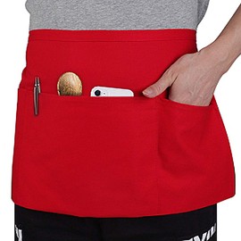 TOPTIE 2 Pack 3 Pockets Waitress Waist Apron, Restaurant Half Aprons, Polyester Cotton, 24" W x 12" H-Red