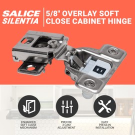 Salice Silentia 106 Degree 5/8" Overlay Soft Close Cabinet Hinges, 3Cam Adjustment, Press-in Face Frame Kitchen Cabinet Door Hinge with Dowels, Nickel Finish- SACUR35D9R