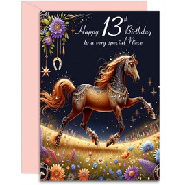 Niece 13th Birthday Card - Magical Horse Design - A5 Size with Pink Envelope. Designed and Printed in the UK