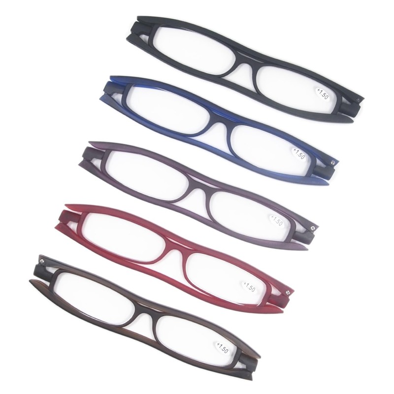 [Henghao] 老眼鏡 5色選択可能 360度回転 折りたたみ型 おしゃれ リーディンググラス 携帯用 ポケットシニアグラス 専用革ポーチ＆クロス付き