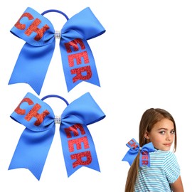 2 Pcs Cheerleader Hair Bows for Women Cute Large Cheer Bows Hair Ties 6.3 inch Ponytail Holder Elastic Band Bow Hair Accessories for School Sports (Blue)