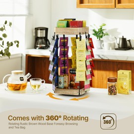 Tea Bag Organizer Display Stand, Hanging 7 Rows 35 Teabags, Top Tier 80 Tea Bags Tea Organizers and Storage, 360°Rotating Wooden Base Tea Bag Holder For Countertop Office, Pantry, Tea Station