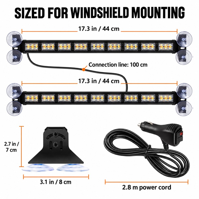 162 LED Dual Car Windshield Strobe Warning Light Bars, 12–24V