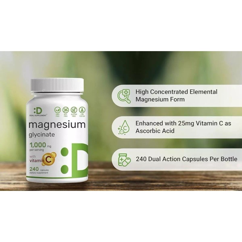 Deal Supplement Magnesium Glycinate 500mg / 1000mg Plus Vitamin C,