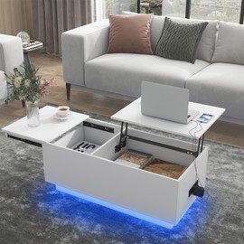 HOMMPA Lift Top Led Coffee Table with Charging Station Modern Center Cocktail Table for Living Room with Hidden Compartment High Glossy Lift Tabletop White Coffee Table for Living Room
