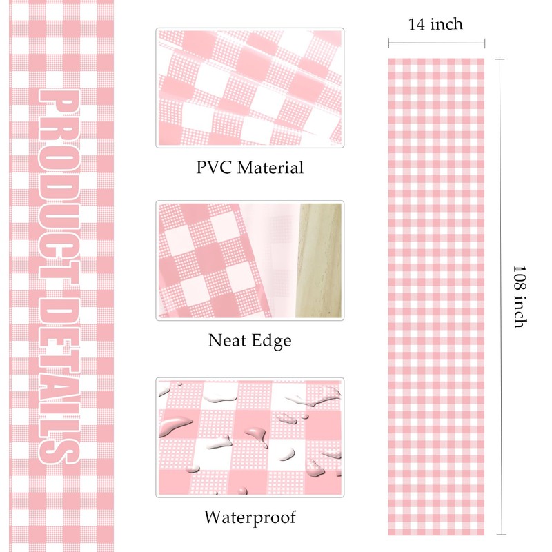 MUNILAIL 3 Pcs Pink and White Checkered Table Runner 14