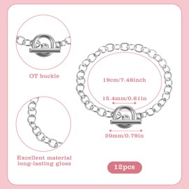 12 PCS Chains Bracelets for Jewelry Making, Silver Stainless Steel Charm Bracelet Chains Link Chain Bracelets with OT Toggle Clasp DIY Jewelry Making Chain for Women Men DIY Crafts Supplies Gifts