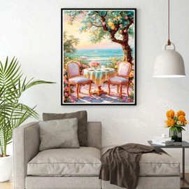 DPHERO DIY Tree by the Sea Diamond Painting Kits Pictures for Adults Beginners, 5D Dining Table Diamond Painting Set, DIY Round Stones Sunset Diamond Art Kits, Diamond Art for Home Decor 30 x 40 cm