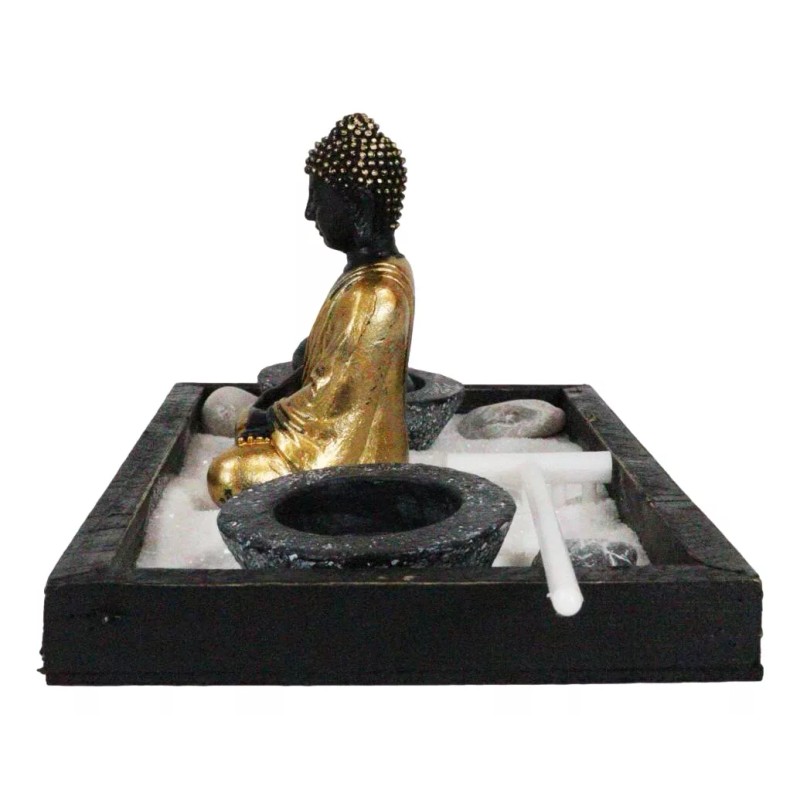Golden Robe Buddha Monk Zen Garden With Pebbles Sand And