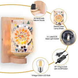 BARSUNS Vintage Multicolor Glass Bedside Wall Sconces, Retro Plug-in or Hardwire Vanity Light Fixtures, Bohemian Turkish Mosaic Style Shade Wall Lamp for Bathroom Bedroom Hallway Corridor