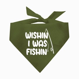 Wishin' I was Fishin' Dog Bandana | 100% Cotton | Made in USA | Lake & Boats | Outdoors & Fishing & Camping | Father's Day | Summer | Military Green, One Size (794)
