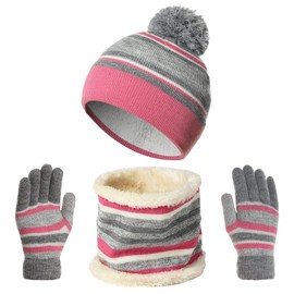 outfit spring Children's Winter Hat Scarf Gloves 3 Piece Set, Warm Winter Bobble Knitted Hat Beanie Soft Thick Fleece Lining Loop Scarf Children's Glove Set for Girls Boys Child, Striped Pink