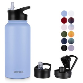 MURBONE Stainless Steel Drinking Bottle 1 Litre (+ 2 Lids) with Straw, BPA-Free, Leak-Proof, Suitable for Carbonated Drinks, Thermos Flask, Vacuum Double Wall Insulation for Sports, Travel, Camping