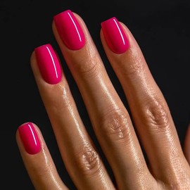 MouyouGlow Press on Nails Short, Squoval Light Deep Neon Pink Plain Glossy Fake Nails with Nail Glue, Rose Pink Colour Solid Artificial Fingernails
