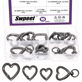 Swpeet 16pcs 3Sizes Black Heart-Shaped Spring Rings and Spring Snap Hook Rotating Ring Assortment Kit, Heart Carabiner Key Ring Clip Heart-Shaped Rings for DIY, Crafts