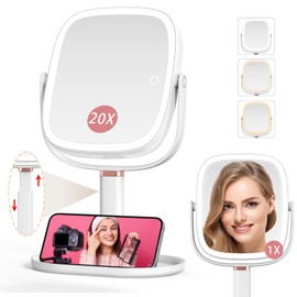 Mocado Mocado Makeup Mirror with Lights, 1X/20X Magnifying Mirror with Light, Vanity Mirror with 3 Colors Lights, Height Adjustable Lighted Makeup Mirror, Double Sided 360Rotation, Memory Function (White)