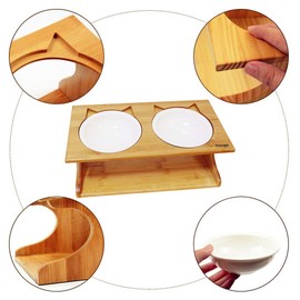 Petsoigné Cat Bowls Pet Dining Table with Raised Slope Wooden Stand Elevated Pet Bowls with Oblique Stand for More Comfortable Eating for Cats, Dogs, Kitten and Puppy (Double Bowl, Ceramics)