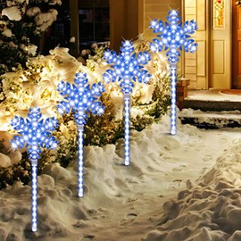 TWINGLEHOME Set of 4 Pre-lit Xmas Snowflake Decoration Stake for Path, Yard, Lawn, Garden, Christmas Snowflake Lights Outdoor Pathway Markers 17" 568LED(4x142LED) Lawn Stake Light,Cool White and Blue