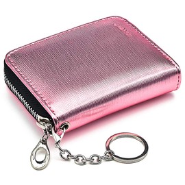 Credit Card Holder RFID Blocking, Mini Wallet Compact Size with Elastic Coin Pocket, ID Window, Leather Card Cases with Zipper for Women Men, Key Chain
