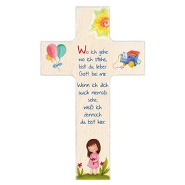 Fritz Cox Children's Cross with Saying | Wo ich gehe, wo ich stehe | Christian Gift | Colourful Children's Cross with Girls | in Gift Packaging | 20 cm, Girl, Natural